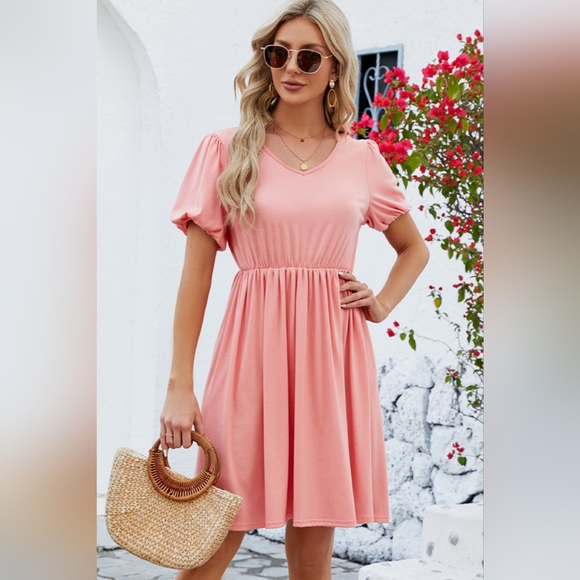 V-Neck Balloon Short Sleeve Dress. Hit The Like ♡ Button For SALE Price - Picture 2 of 4